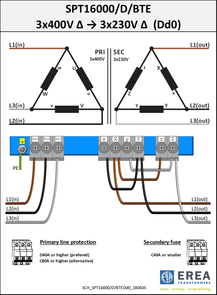 EREA 3 phase transformer Upri 400V ∆ // Usec 230V ∆ - 400V Y+N  16000VA (16KVA) SPT16000/D/BTE