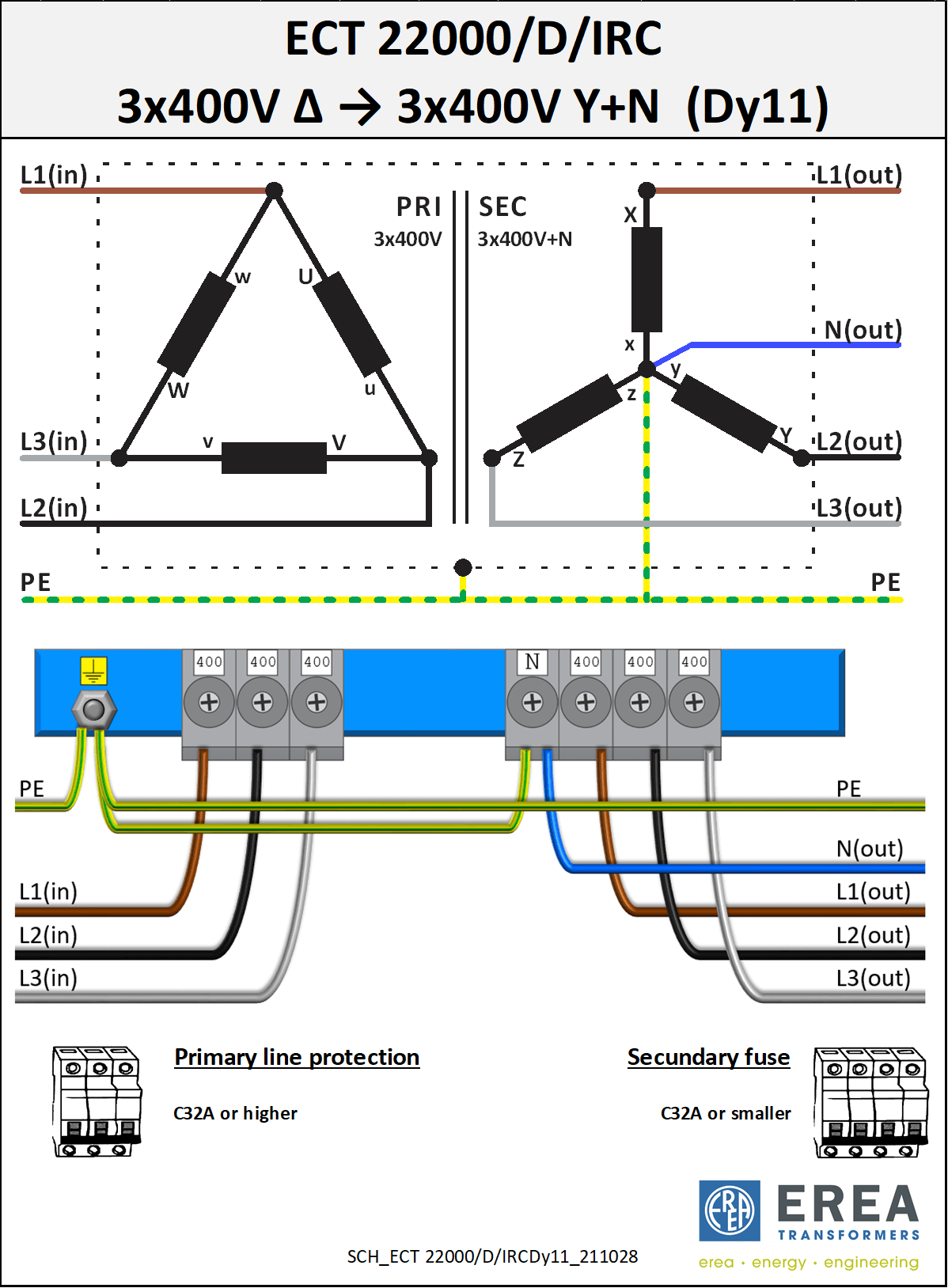 EREA 3 fasen transformator Upri 400V ∆ // Usec 400V Y+N  22000VA (22KVA) ECT 22000/D/IRC