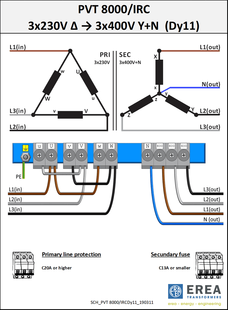 EREA 3 fasen transformator Upri 230V ∆ - 400V Y+N // Usec 230V ∆ - 400V Y+N  8000VA (8KVA) PVT8000/IRC