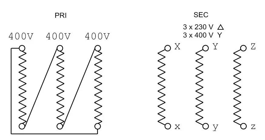 EREA 3 fasen transformator Upri 400V ∆ // Usec 230V ∆ - 400V Y+N  2500VA (2.5KVA) SPT2500/D/BTE