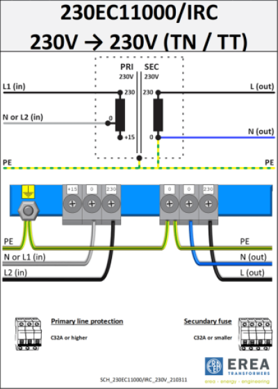 EREA 1 fase beschermingstransformator EV EV 0-230-245V//0-230V 10000VA 230EC11000/IRC