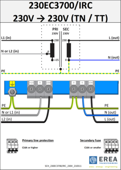 EREA 1 phase isolating transformer EV 0-230-245V//0-230V 3700VA 230EC3700/IRC