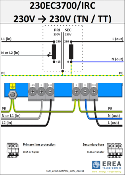 EREA 1 fase beschermingstransformator EV 0-230-245V//0-230V 3700VA 230EC3700/IRC