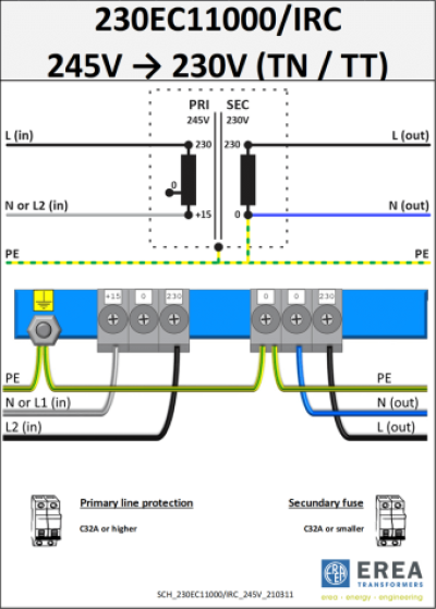 EREA 1 phase isolating transformer EV EV 0-230-245V//0-230V 10000VA 230EC11000/IRC