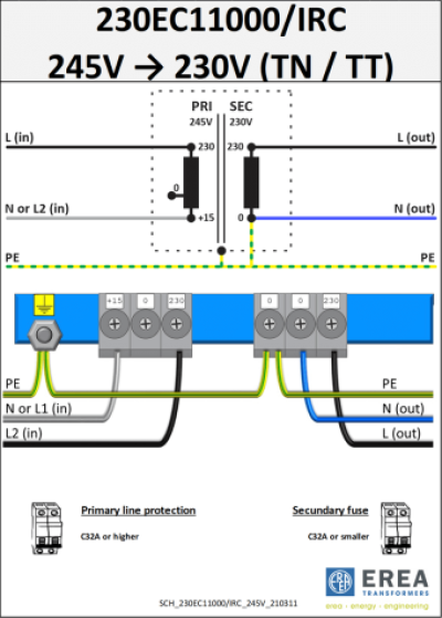 EREA 1 fase beschermingstransformator EV EV 0-230-245V//0-230V 10000VA 230EC11000/IRC