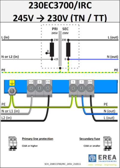 EREA 1 phase isolating transformer EV 0-230-245V//0-230V 3700VA 230EC3700/IRC