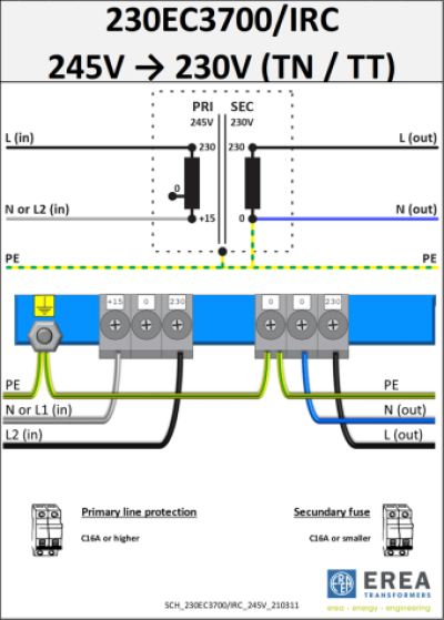 EREA 1 fase beschermingstransformator EV 0-230-245V//0-230V 3700VA 230EC3700/IRC