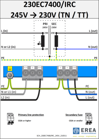 EREA 1 fase beschermingstransformator EV 0-230-245V//0-230V 7400VA 230EC7400/IRC