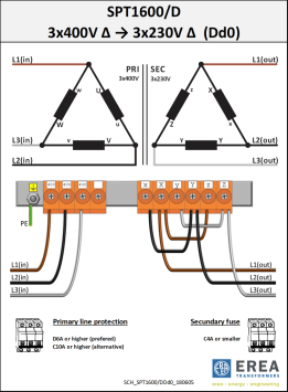 Aansluitschema 3x400V / 3x230V SPT1600/D