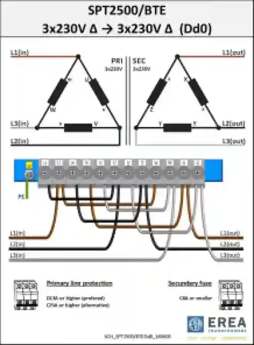 EREA 3 fasen transformator Upri 230V ∆ - 400V Y+N // Usec 230V ∆ - 400V Y+N  2500VA (2.5KVA) SPT2500/BTE