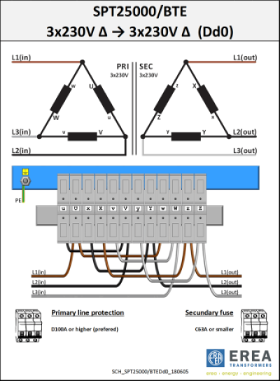 EREA 3 phase transformer Upri 230V ∆ - 400V Y+N // Usec 230V ∆ - 400V Y+N  25000VA (25KVA) SPT25000/BTE