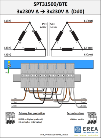 EREA 3 phase transformer Upri 230V ∆ - 400V Y+N // Usec 230V ∆ - 400V Y+N  31000VA (31KVA) SPT31000/BTE