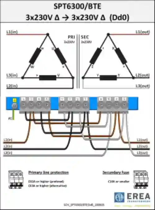 EREA 3 fasen transformator Upri 230V ∆ - 400V Y+N // Usec 230V ∆ - 400V Y+N  6300VA (6.3KVA) SPT 6300/BTE