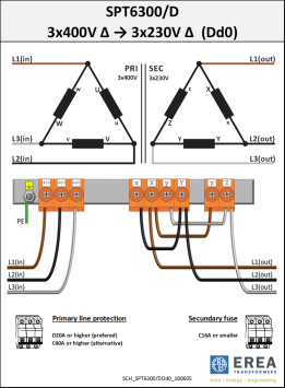 Aansluitschema 3x400V / 3x230V SPT6300/D