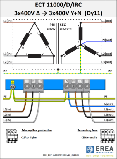 EREA 3 phase transformer Upri 400V ∆ // Usec 400V Y+N  11000VA (11KVA) ECT 11000/D/IRC