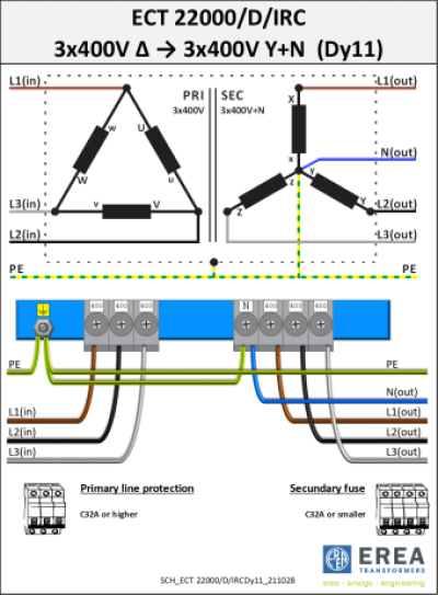 EREA 3 phase transformer Upri 400V ∆ // Usec 400V Y+N  22000VA (22KVA) ECT 22000/D/IRC