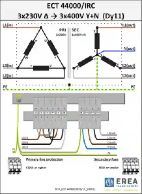 EREA 3 phase transformer Upri 230V ∆ - 400V Y+N // Usec 400V Y+N - 44000VA (44KVA) ECT44000/IRC