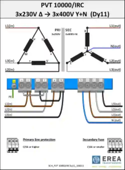 EREA 3 fasen transformator Upri 230V ∆ - 400V Y+N // Usec 400V Y+N  10000VA (10KVA) PVT10000/IRC