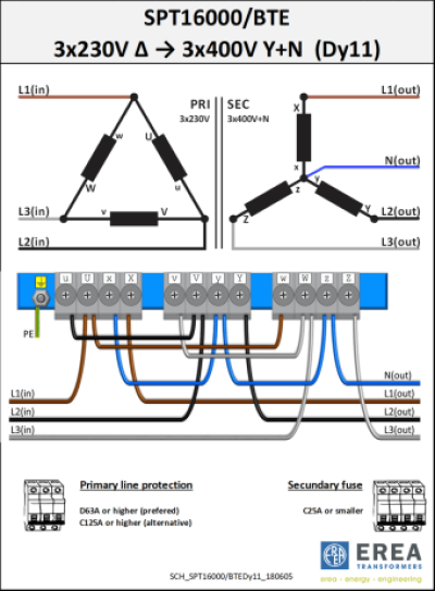 EREA 3 phase transformer Upri 230V ∆ - 400V Y+N // Usec 230V ∆ - 400V Y+N  16000VA (16KVA) SPT16000/BTE