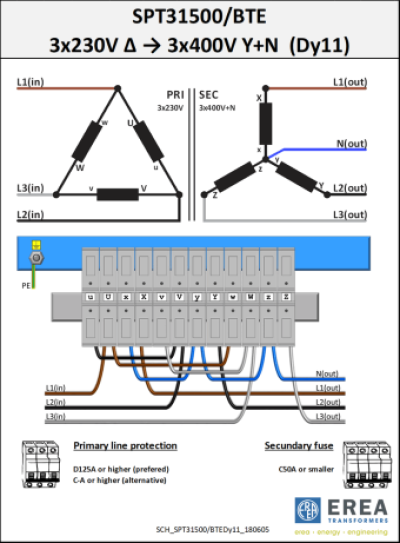 EREA 3 phase transformer Upri 230V ∆ - 400V Y+N // Usec 230V ∆ - 400V Y+N  31000VA (31KVA) SPT31000/BTE