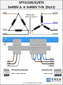 EREA 3 phase transformer Upri 400V ∆ // Usec 230V ∆ - 400V Y+N  35000VA (35KVA) SPT35000/D/BTE