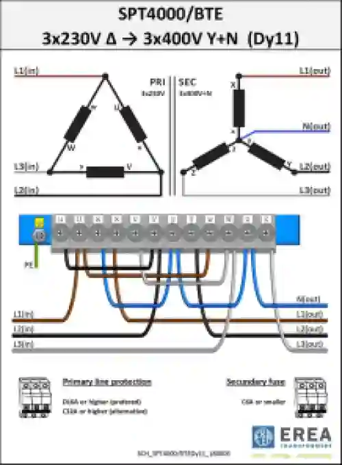 EREA 3 phase transformer Upri 230V ∆ - 400V Y+N // Usec 230V ∆ - 400V Y+N  4000VA (4KVA) SPT 4000/BTE