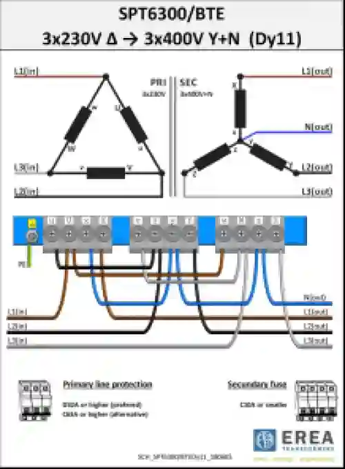 EREA 3 fasen transformator Upri 230V ∆ - 400V Y+N // Usec 230V ∆ - 400V Y+N  6300VA (6.3KVA) SPT 6300/BTE