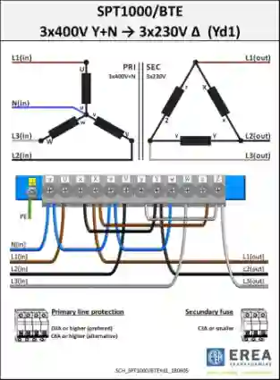 EREA 3 fasen transformator Upri 230V ∆ - 400V Y+N // Usec 230V ∆ - 400V Y+N  1000VA (1KVA) SPT1000/BTE