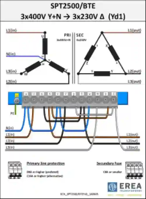 EREA 3 phase transformer Upri 230V ∆ - 400V Y+N // Usec 230V ∆ - 400V Y+N  2500VA (2.5KVA) SPT2500/BTE