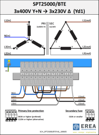 EREA 3 phase transformer Upri 230V ∆ - 400V Y+N // Usec 230V ∆ - 400V Y+N  25000VA (25KVA) SPT25000/BTE