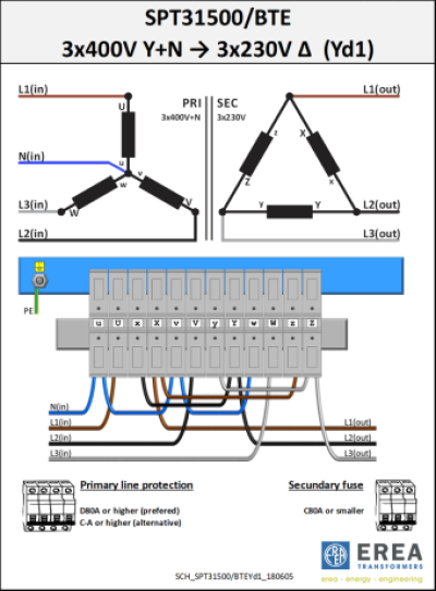 EREA 3 phase transformer Upri 230V ∆ - 400V Y+N // Usec 230V ∆ - 400V Y+N  31000VA (31KVA) SPT31000/BTE