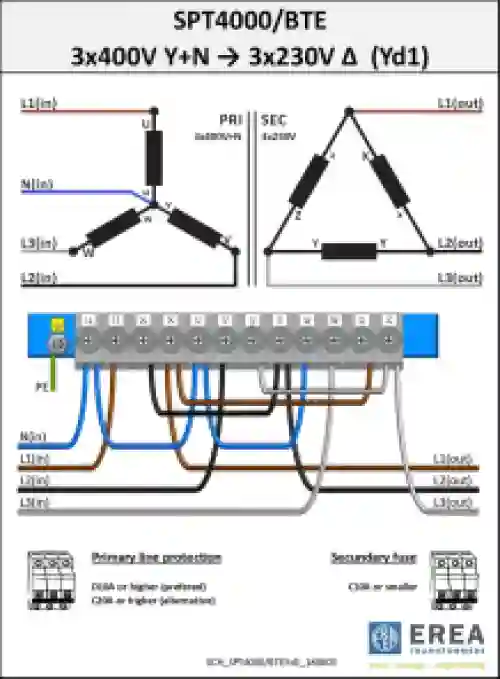 EREA 3 fasen transformator Upri 230V ∆ - 400V Y+N // Usec 230V ∆ - 400V Y+N  4000VA (4KVA) SPT 4000/BTE