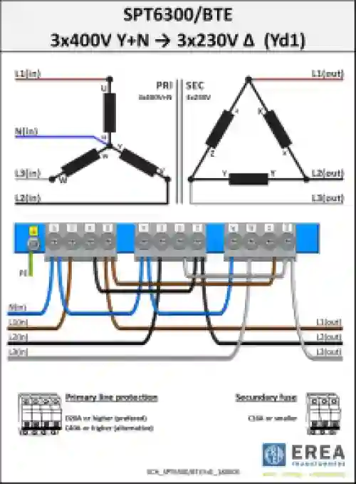 EREA 3 fasen transformator Upri 230V ∆ - 400V Y+N // Usec 230V ∆ - 400V Y+N  6300VA (6.3KVA) SPT 6300/BTE