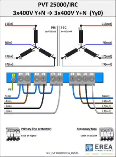 EREA 3 phase transformer Upri 230V ∆ - 400V Y+N // Usec  400V Y+N  25000VA (25KVA) PVT25000/IRC