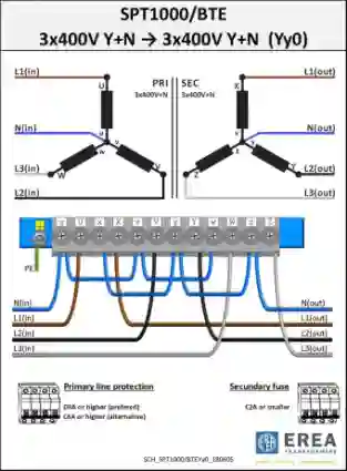 EREA 3 fasen transformator Upri 230V ∆ - 400V Y+N // Usec 230V ∆ - 400V Y+N  1000VA (1KVA) SPT1000/BTE