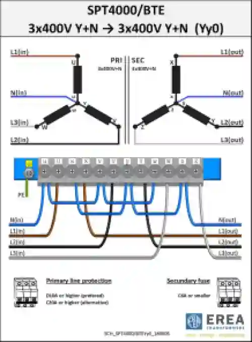 EREA 3 fasen transformator Upri 230V ∆ - 400V Y+N // Usec 230V ∆ - 400V Y+N  4000VA (4KVA) SPT 4000/BTE