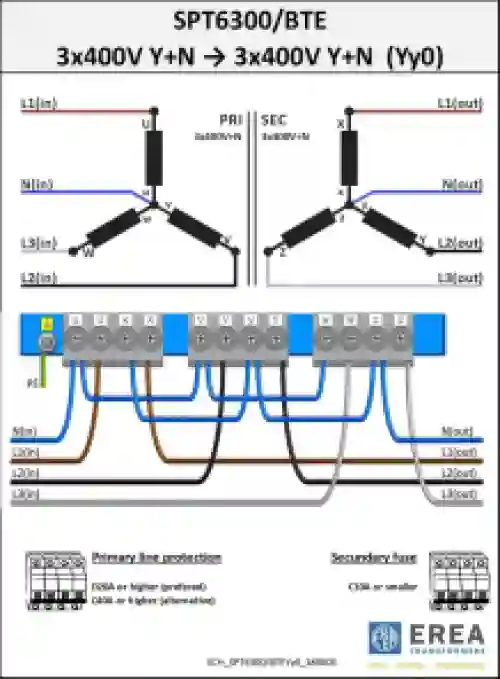 EREA 3 phase transformer Upri 230V ∆ - 400V Y+N // Usec 230V ∆ - 400V Y+N  6300VA (6.3KVA) SPT 6300/BTE