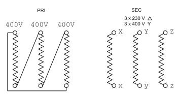 EREA 3 fasen transformator Upri 400V ∆ // Usec 230V ∆ - 400V Y+N  35000VA (35KVA) SPT35000/D/BTE